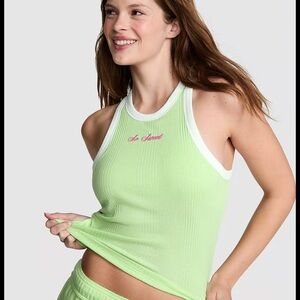 PINK Victoria's Secret Multi Ribbed Green and White So Sweet Y2K Tank Top Size M